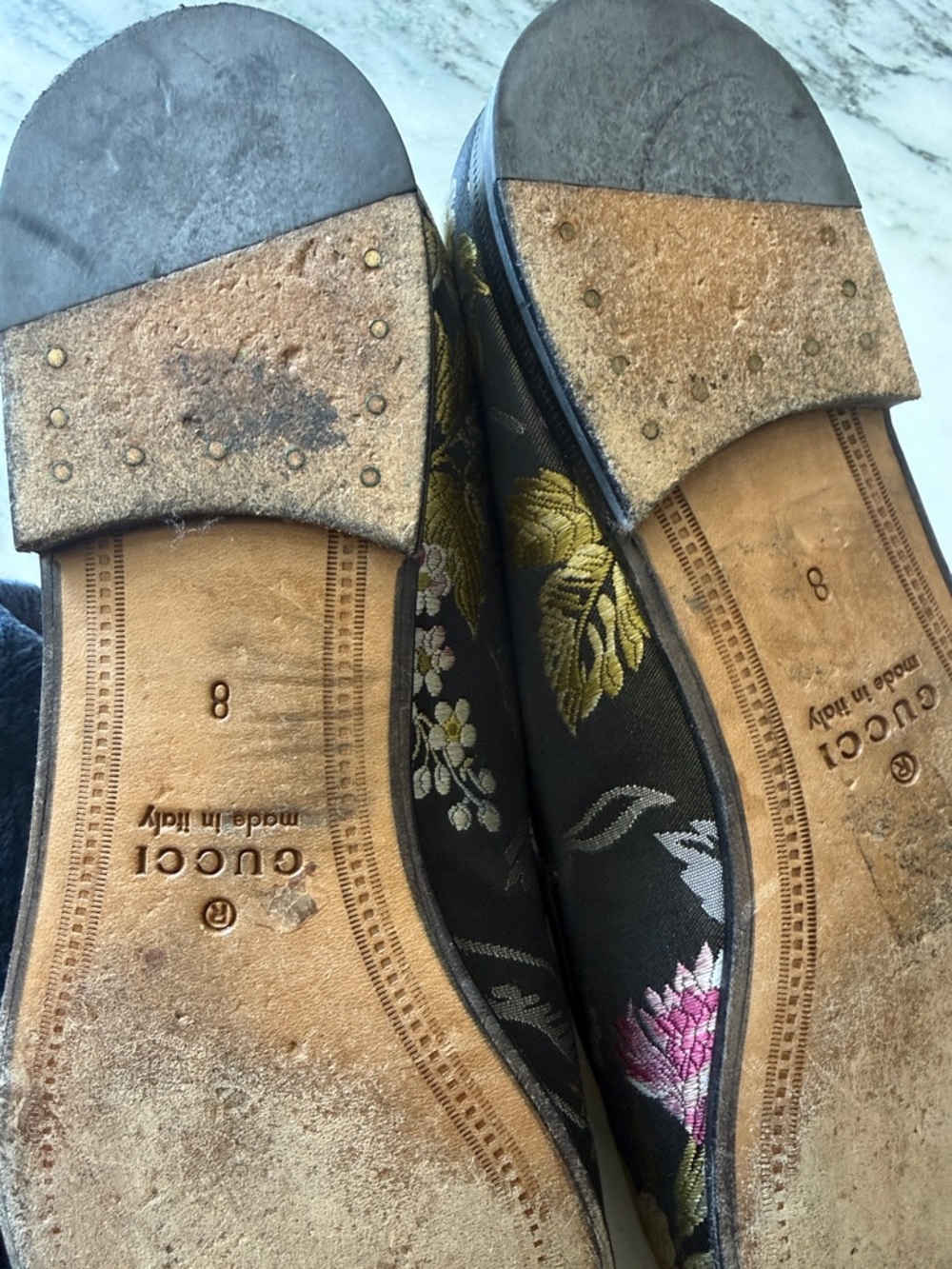 Gucci Black Loafers with Gold Horsebit and Pink Floral Embroidery - Picture 4 of 5